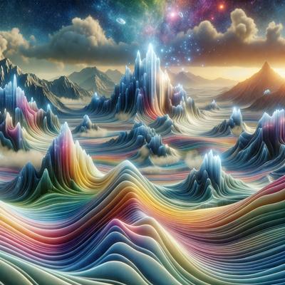 The primary subject of the image is a colorful, digital art depiction of a mountainous landscape. The setting is a vibrant, abstract environment with a mix of blue, green, and pink colors. The visual style is a combination of digital art and illustration, creating a unique and eye-catching scene. The overall atmosphere is lively and energetic, with the colorful mountains and clouds adding a sense of excitement and wonder to the image.